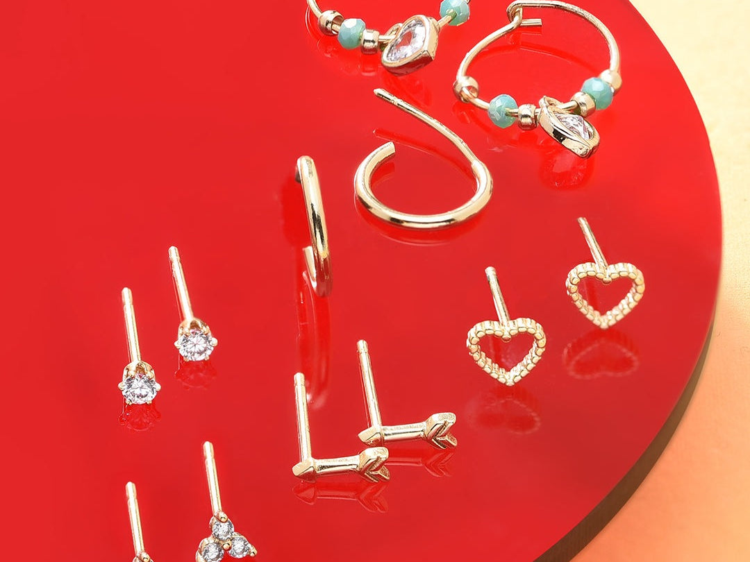 Real Gold Plated Set Of 12 Sparkle Heart Stud And Hoop Earring Pack For Women By Accessorize London