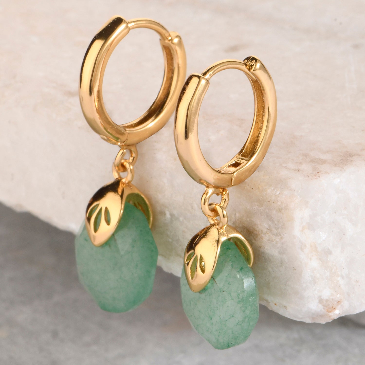 Real Gold Plated Circle Healing Stone Hoops Earring Adventurine For Women By Accessorize London