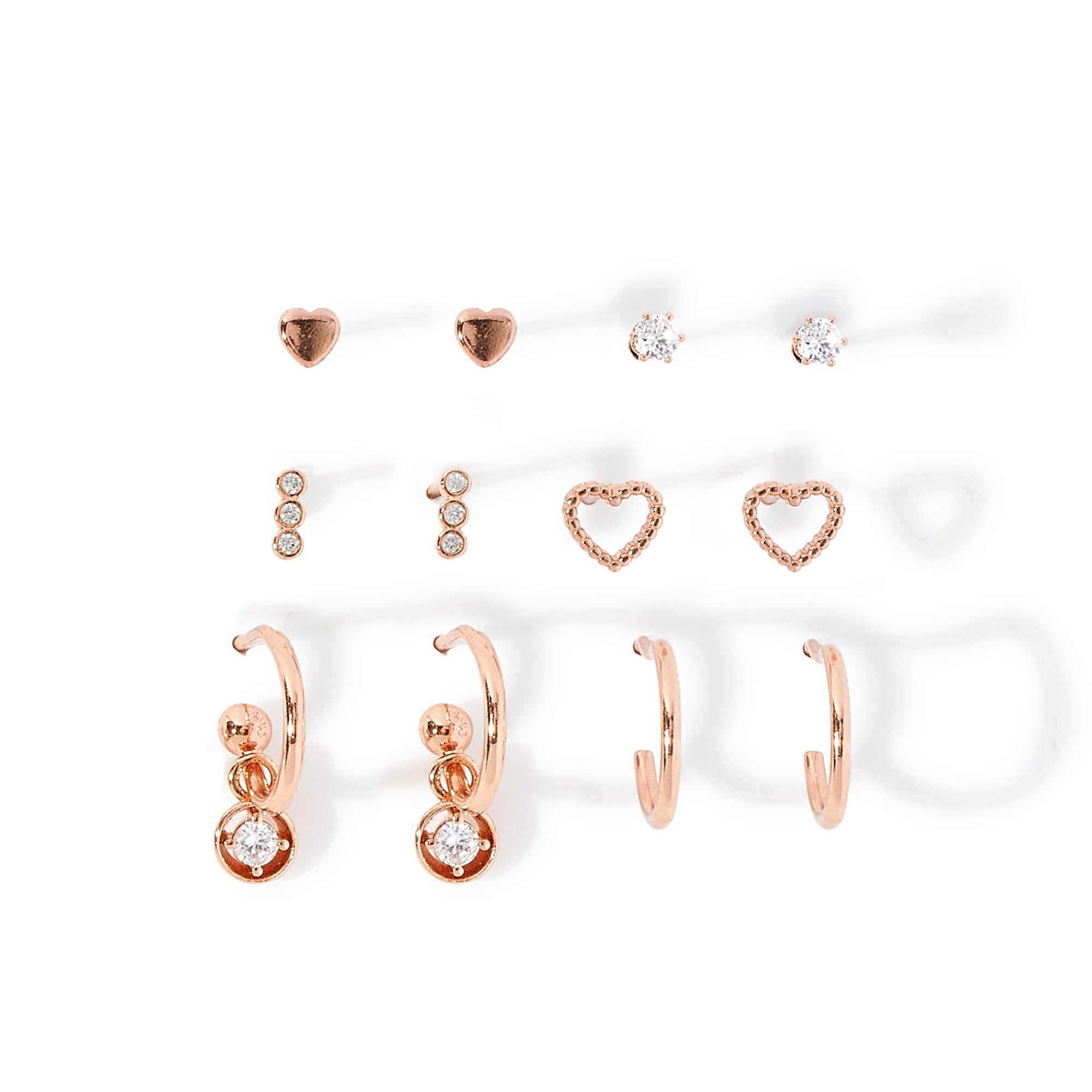 Real Gold Plated Rose Gold Set Of 6 Sparkle Heart Stud And Hoop Earring Pack For Women By Accessorize London