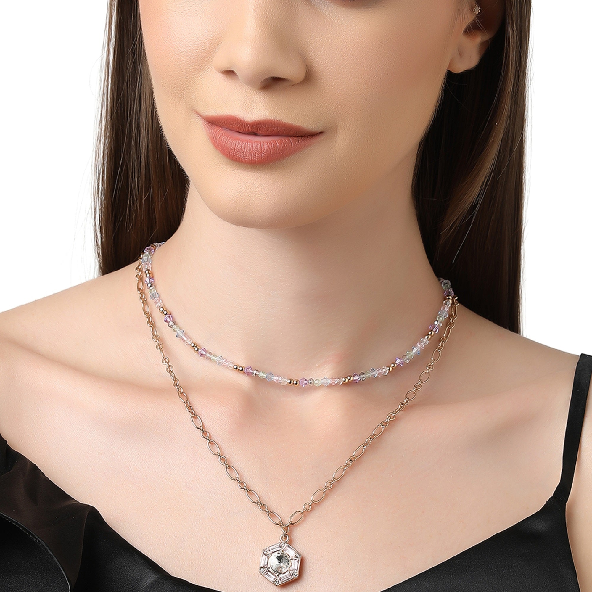 Accessorize London Women's Pastel Pop set of 2 Facet Beads & Crystal Pendant Necklace