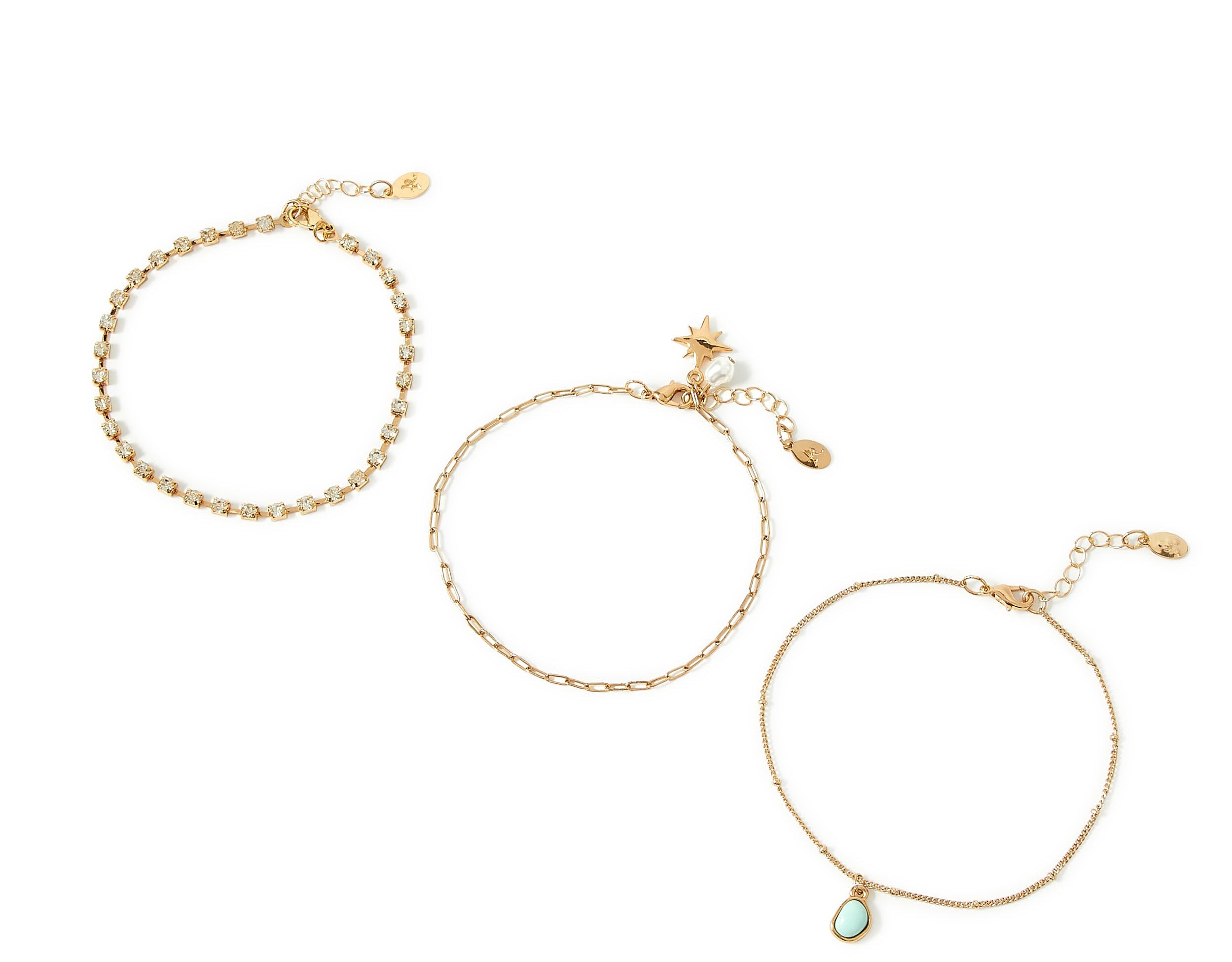 Accessorize London Women's Set Of 3 Stone & Cupchain Anklets