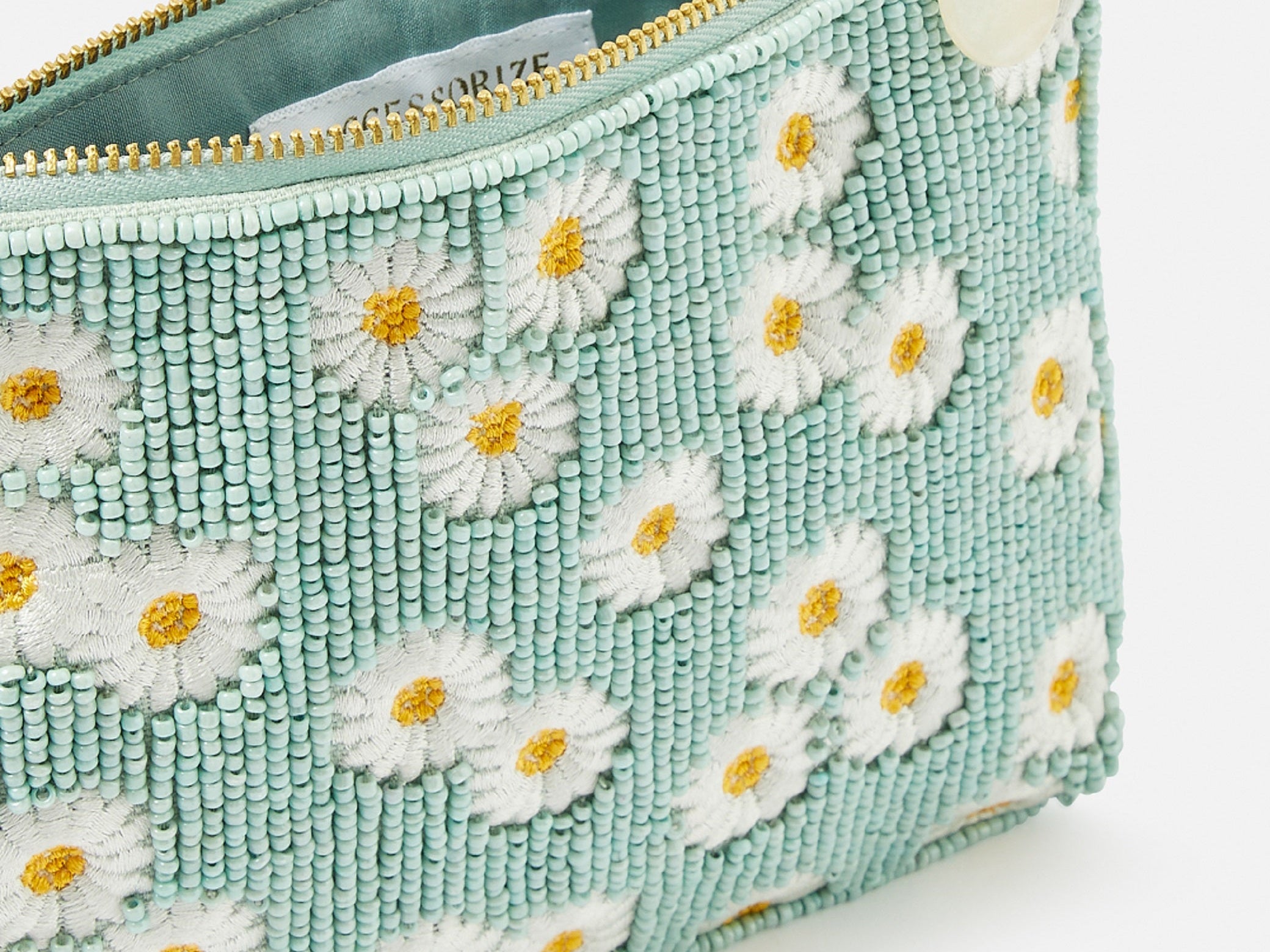 Accessorize London Women's Beaded Green Daisy Embellished PouchMake Up Bag