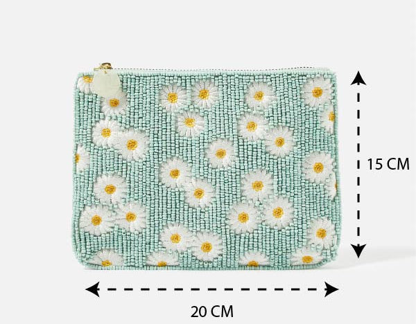 Accessorize London Women's Beaded Green Daisy Embellished PouchMake Up Bag