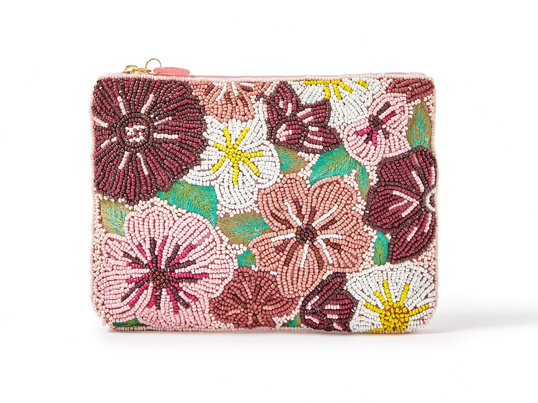 Accessorize London Women's Beaded Pink Floral Embellished Pouch Make Up Bag