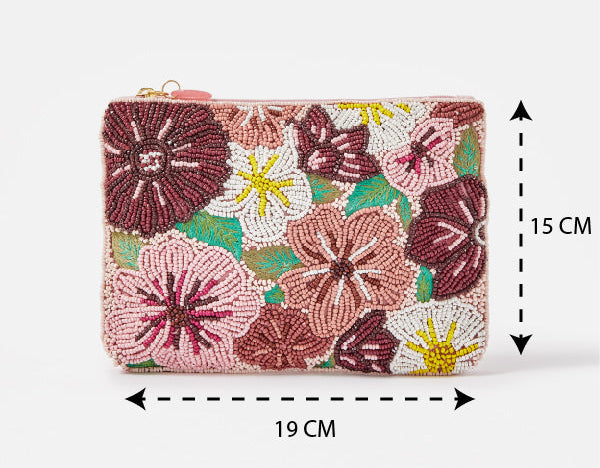 Accessorize London Women's Beaded Pink Floral Embellished Pouch Make Up Bag