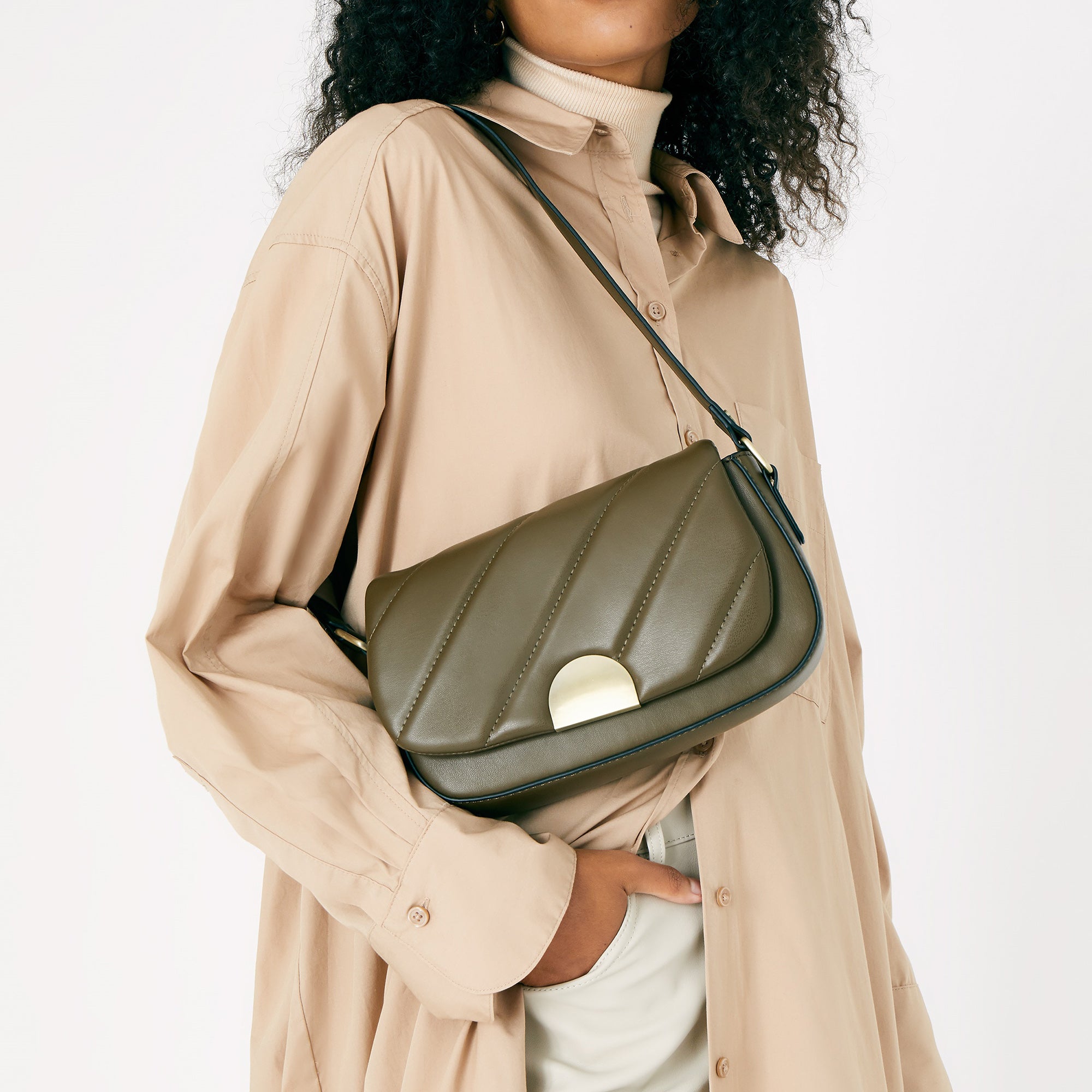 Accessorize London Women's Faux Leather Khaki Lara Quilted Lock Shoulder Bag