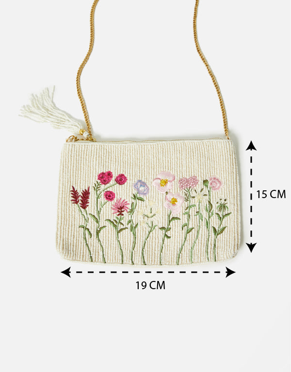 Accessorize London Women's Fabric White Floral Beaded Zip Bag