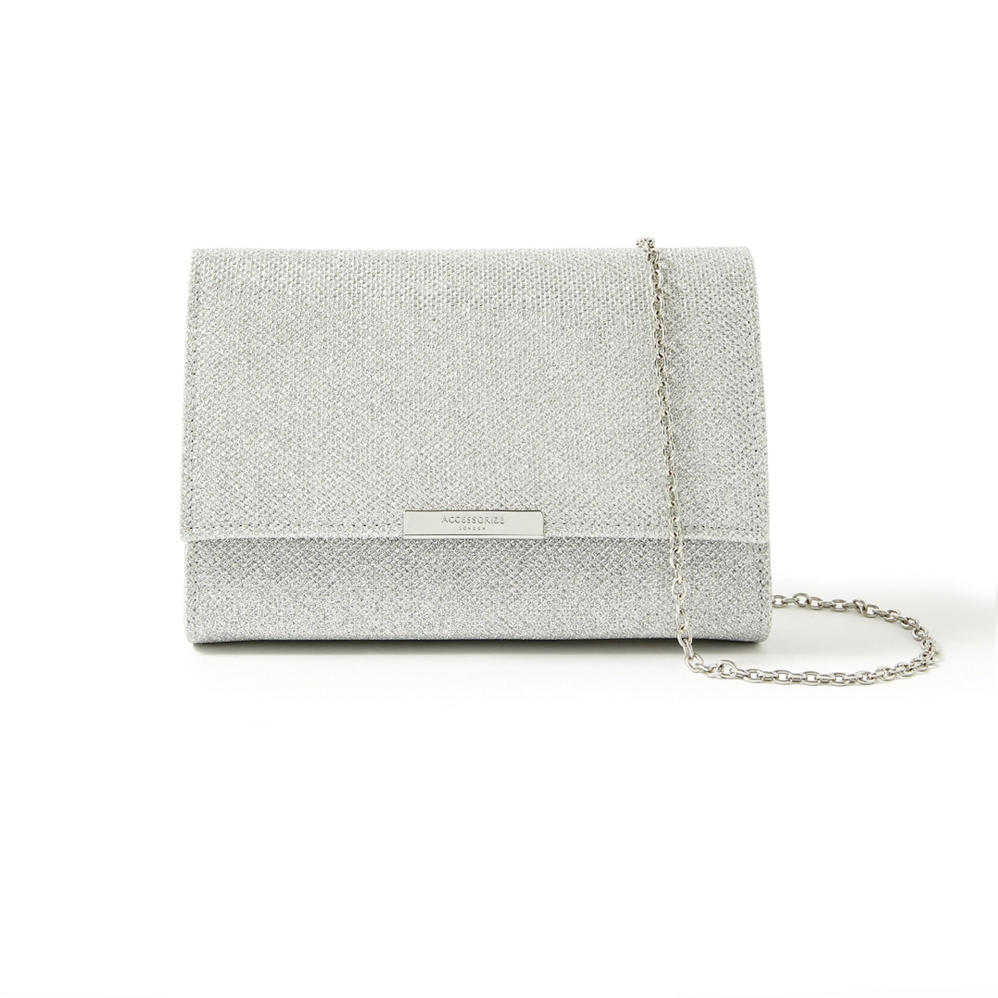 Accessorize London Women's Faux Leather Silver Lurex Box Clutch Party bag