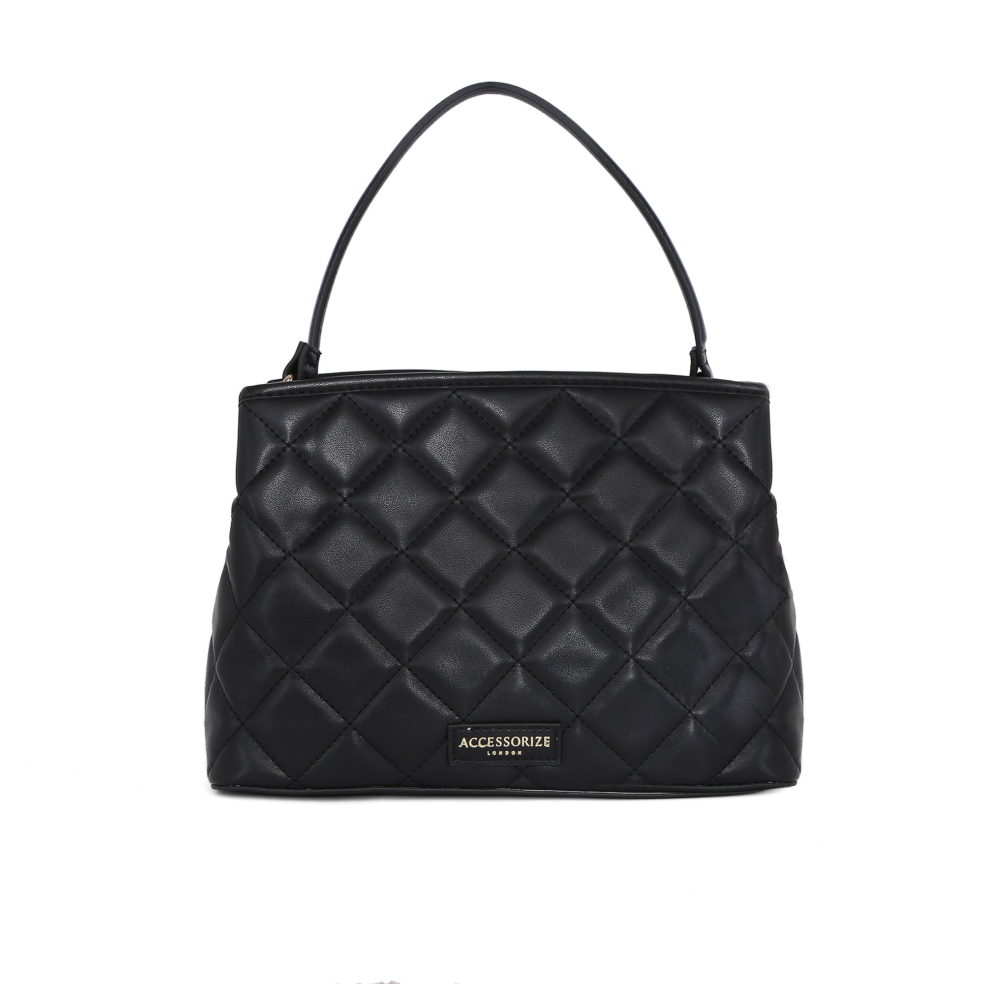 Accessorize London women's Faux Leather Black Quilted Handheld Large Satchel bag