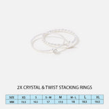Accessorize London Women's Silver Pack of 2 Crystal & Twist Stacking Rings-Medium