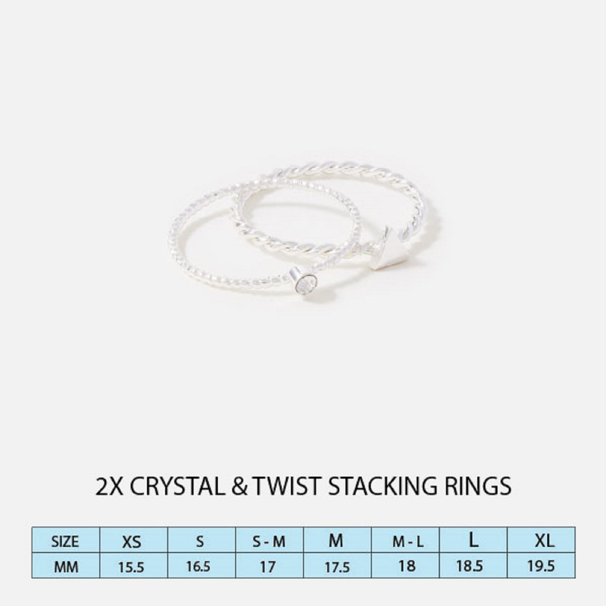 Accessorize London Women's Silver Pack of 2 Crystal & Twist Stacking Rings-Medium