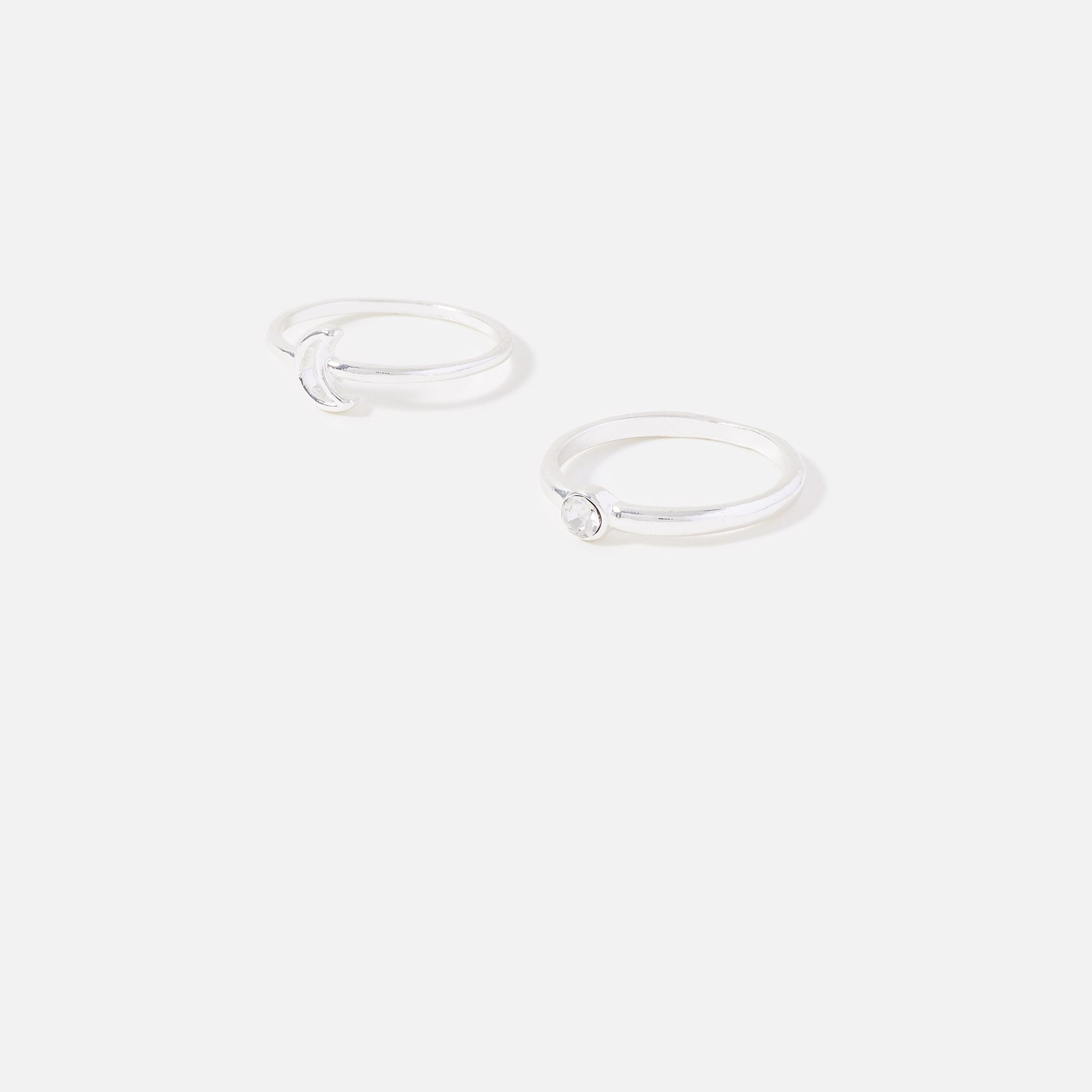 Accessorize London Women's Silver Pack of 2 Moon Crystal Stacking Rings-Medium