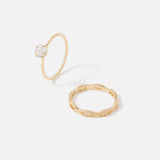 Accessorize London Women's Gold 2 X Solitaire & Wave Band Stacking Rings