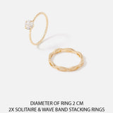 Accessorize London Women's Gold 2 X Solitaire & Wave Band Stacking Rings