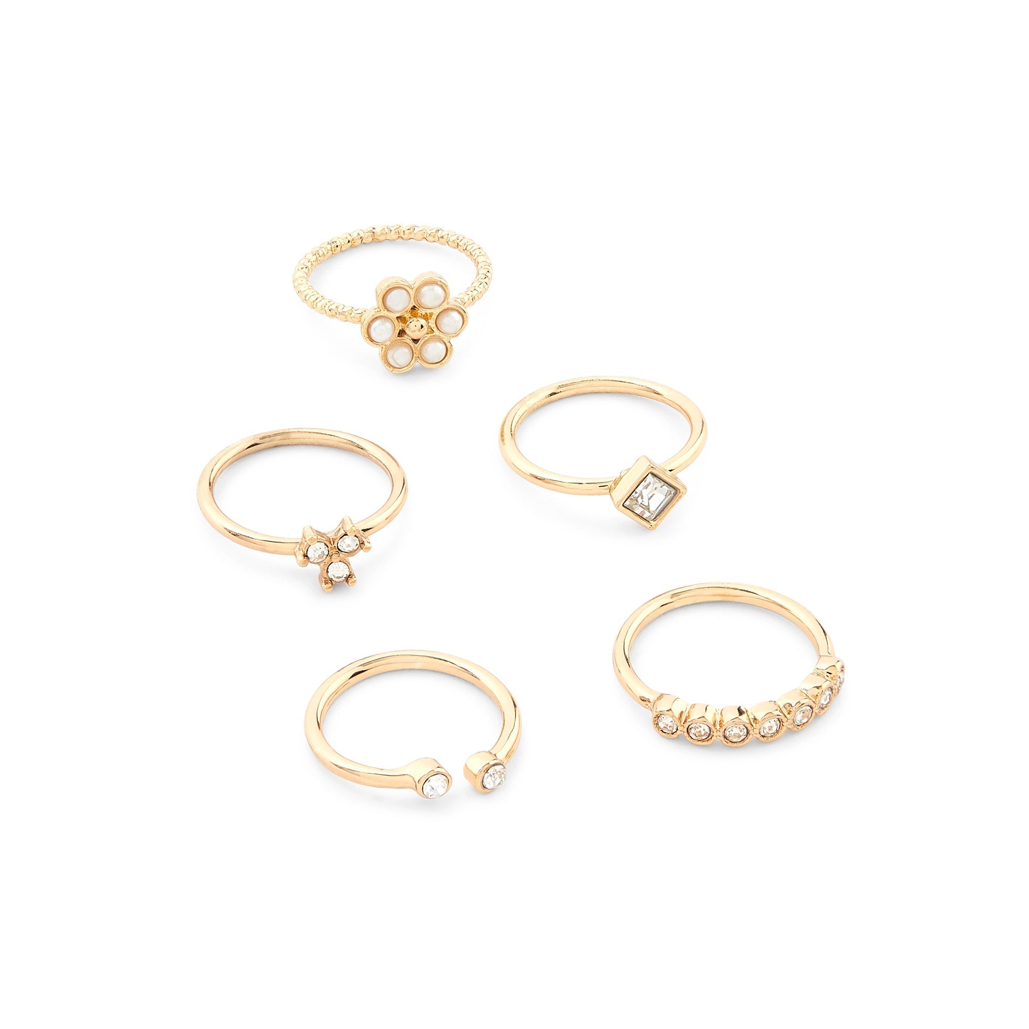 Accessorize London Women's Gold Set of 5 Pearl Flower Stacking Ring Pack -Medium