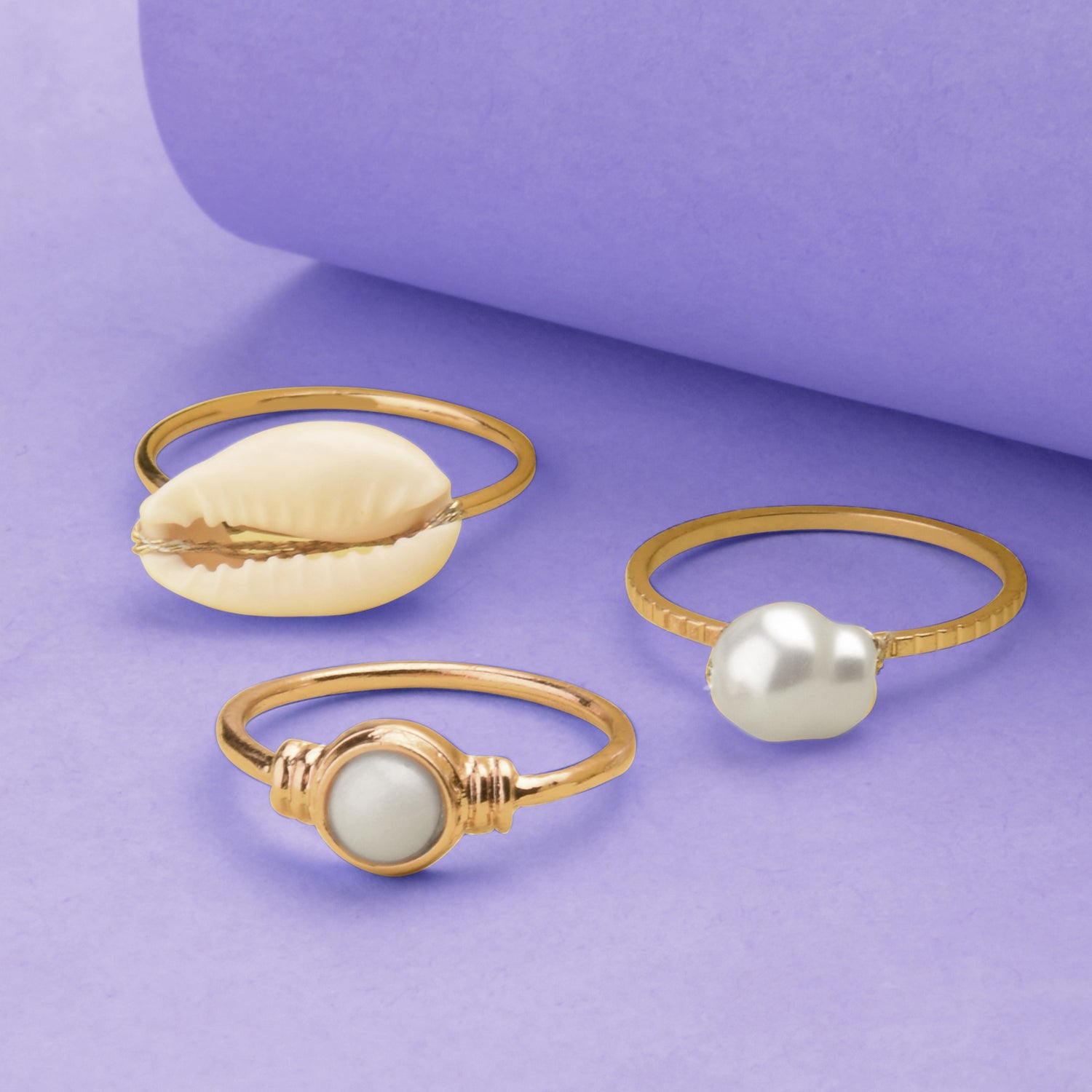 Accessorize London Women'S Set Of 3 Pearl Shells Ring Pack-Medium
