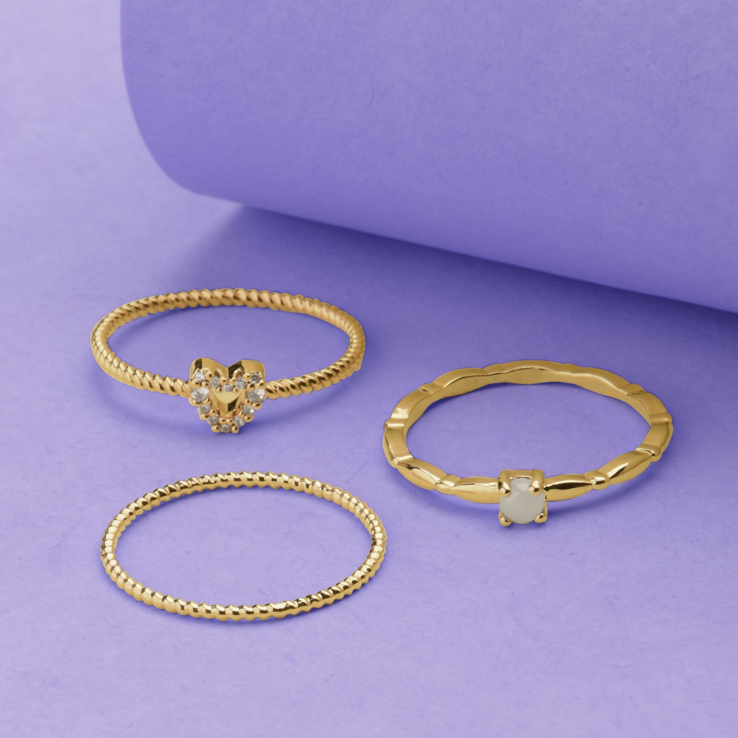 Real Gold Plated Set Of 3 Sparkle Heart Stacking Rings For Women By Accessorize London-Small