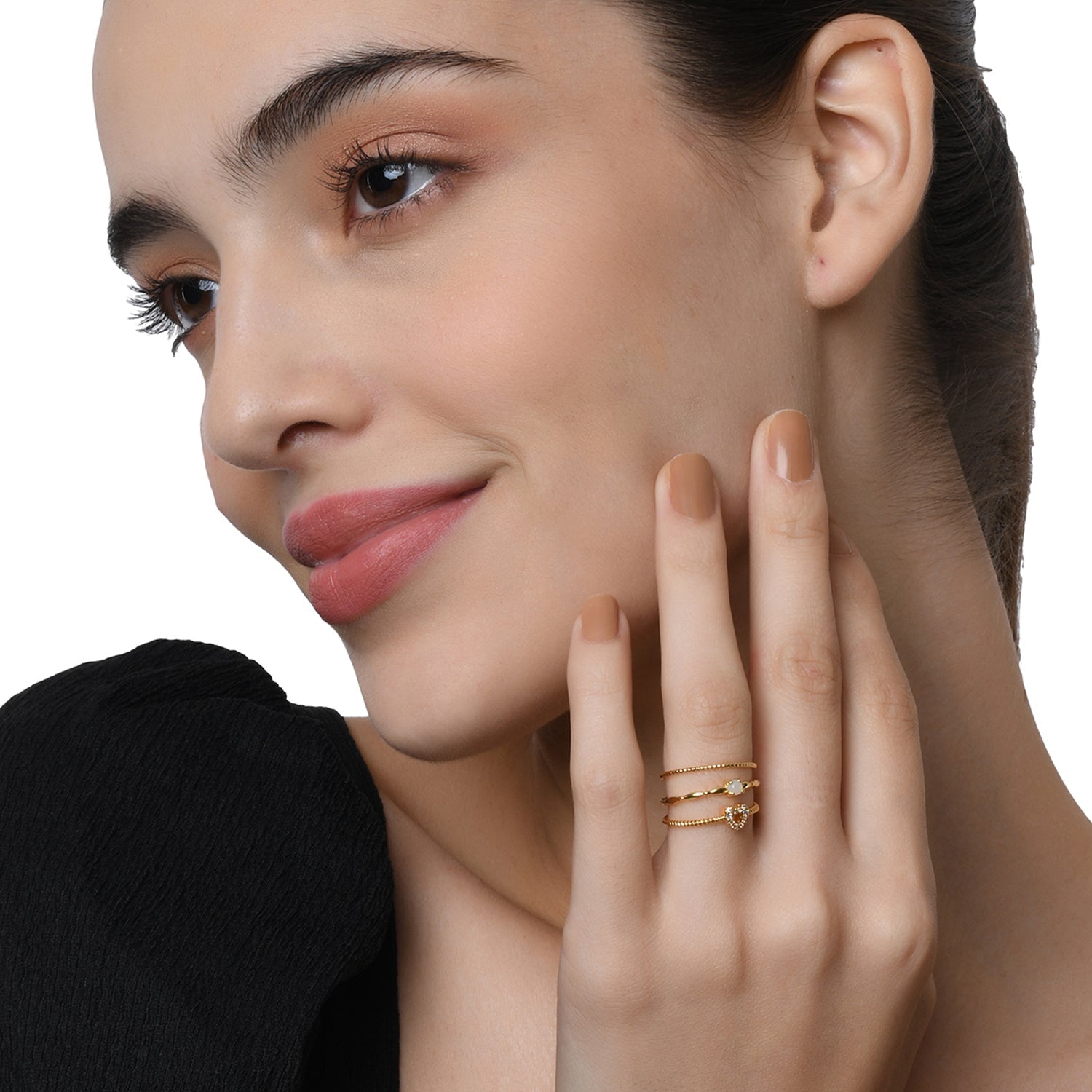 Real Gold Plated Set Of 3 Sparkle Heart Stacking Rings For Women By Accessorize London-Small