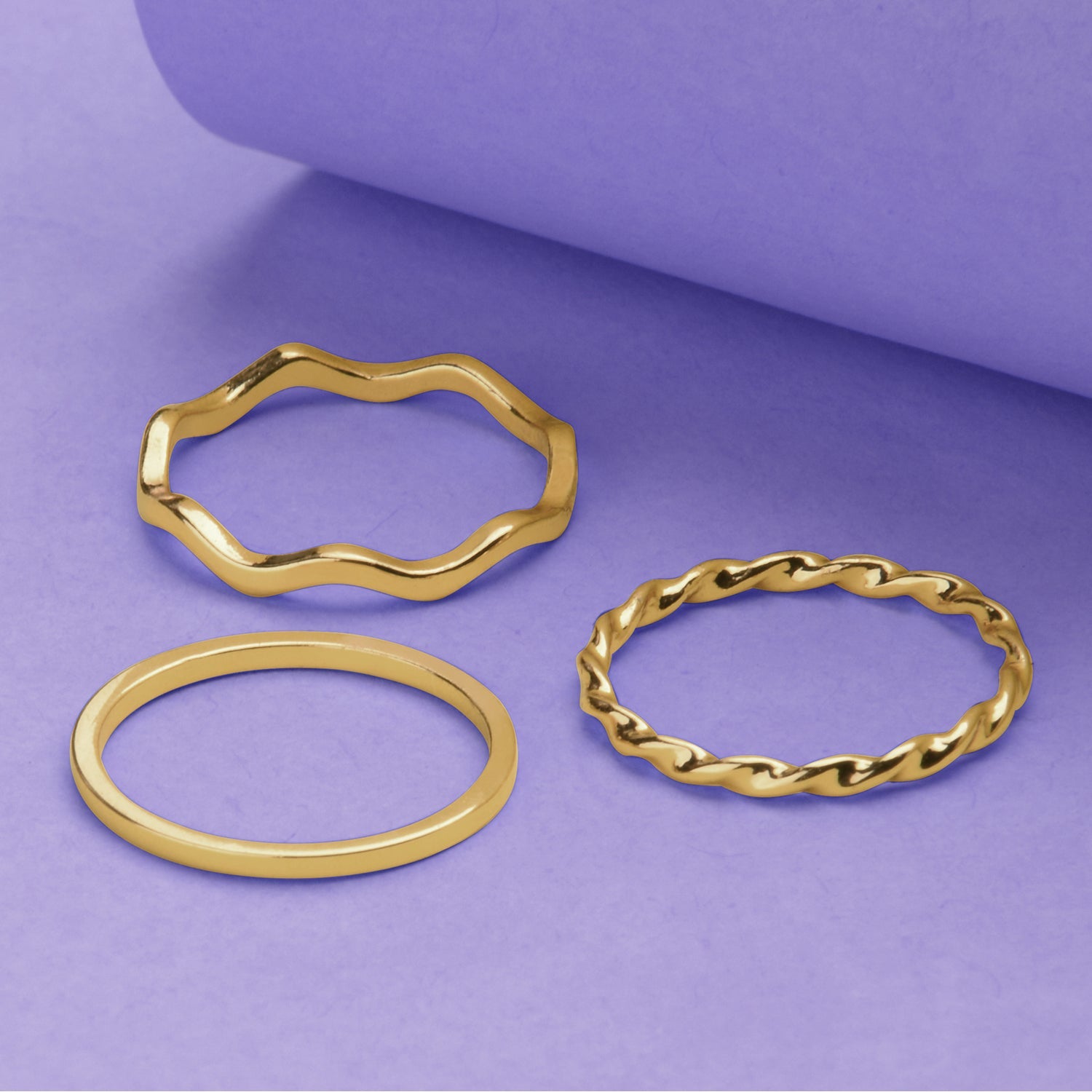 Real Gold Plated Set Of 3 Mixed Design Ring Pack For Women -Large