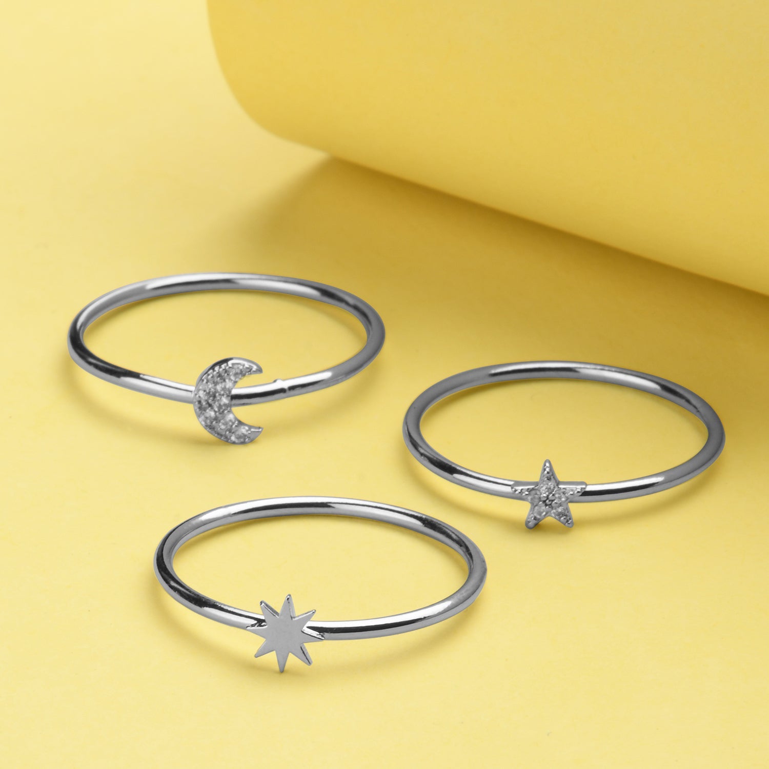Real Gold Plated Set Of 3 Star Moon Sparkle Band Ring Stacking For Women By Accessorize London-Small