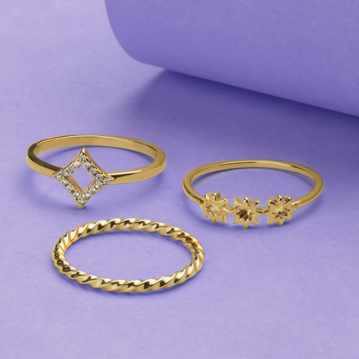 Real Gold Plated Set of 3 Diamond Ring Set For Women By Accessorize London