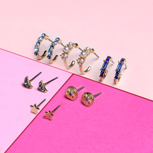 Accessorize London Women's blue Celestial 6 X Pearl & Moon Hoop Pack