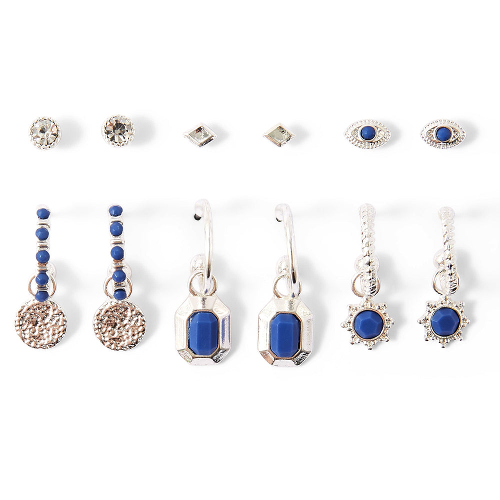Accessorize London Women's Blue Super Classics Set of 6 Blue Hoop & Stud Earring Set