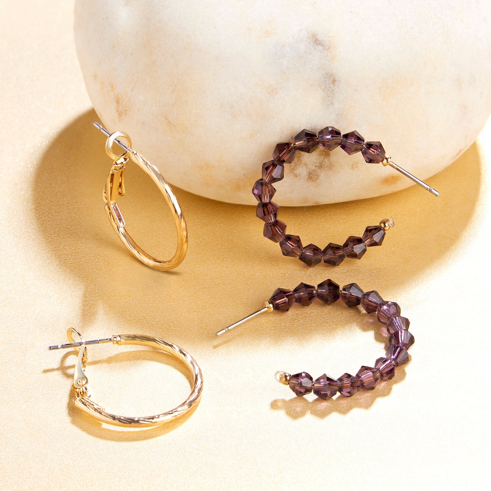 Accessorize London Women's purple Amber Set of 2 Facet Beads Hoop Earring Pack