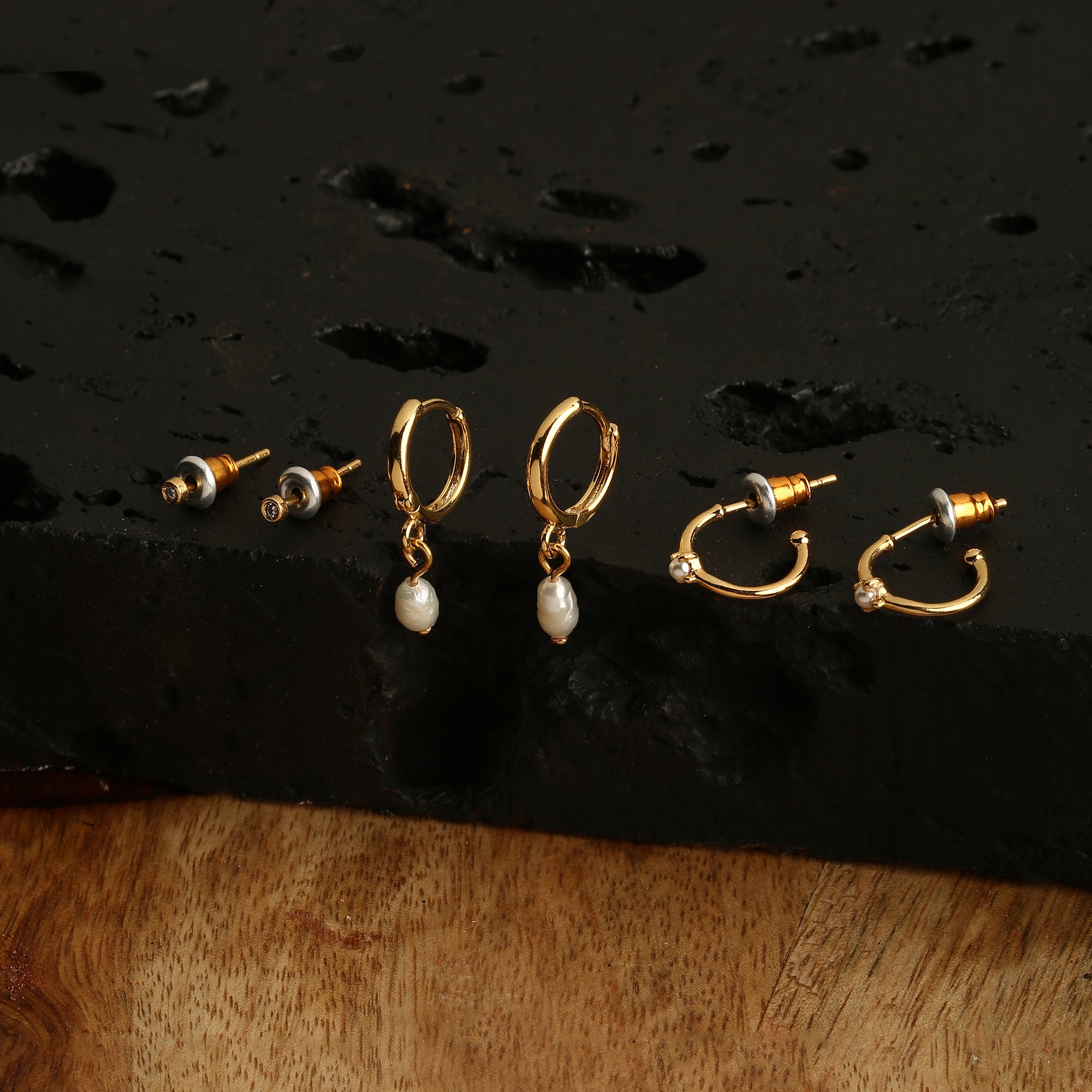 Real Gold Plated 3 Pack Pearl Stud And Hoop Earring For Women By Accessorize London