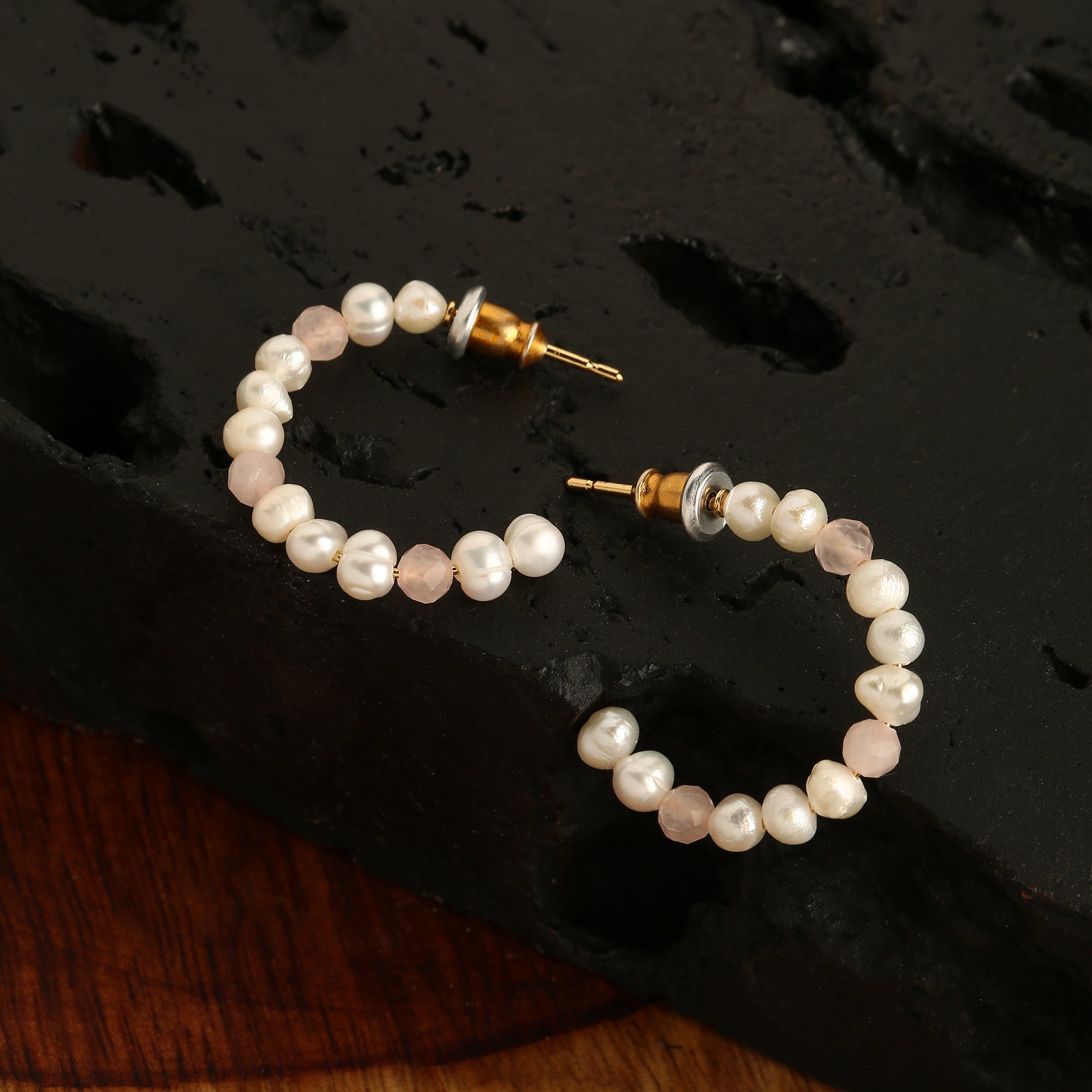 Real Gold Plated Pearl And Rose Quartz Hoop Earrings For Women By Accessorize London