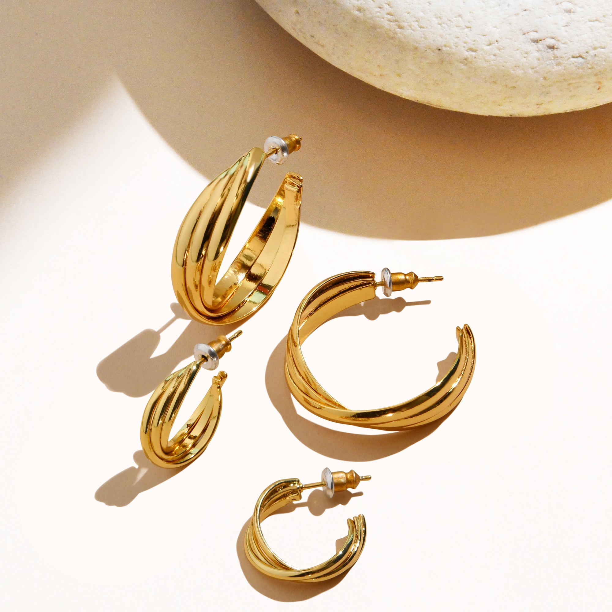 Real Gold Plated Z Set of 2 Large Twisted Graduated Hoop Earrings For Women By Accessorize London