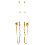 Real Gold Plated Z Set of 3 Pairs Pearl Stud And Chain Earrings For Women By Accessorize London