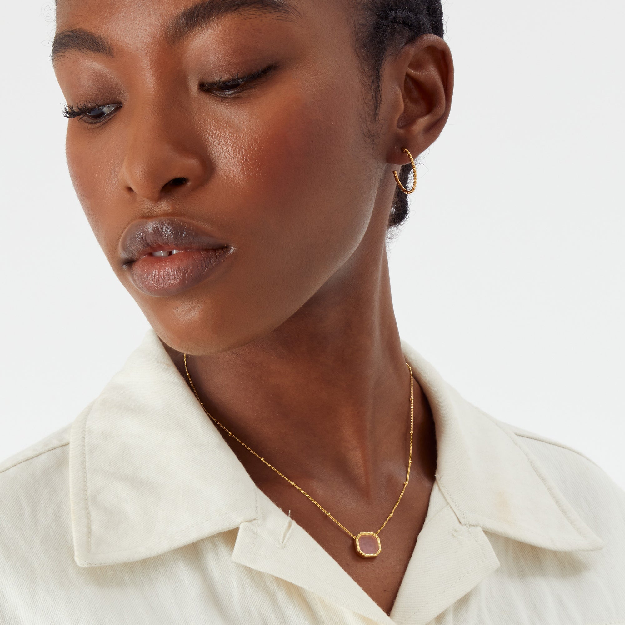 Real Gold Plated Z Stone Square Slice Rose Quartz Pendant Necklace For Women By Accessorize London