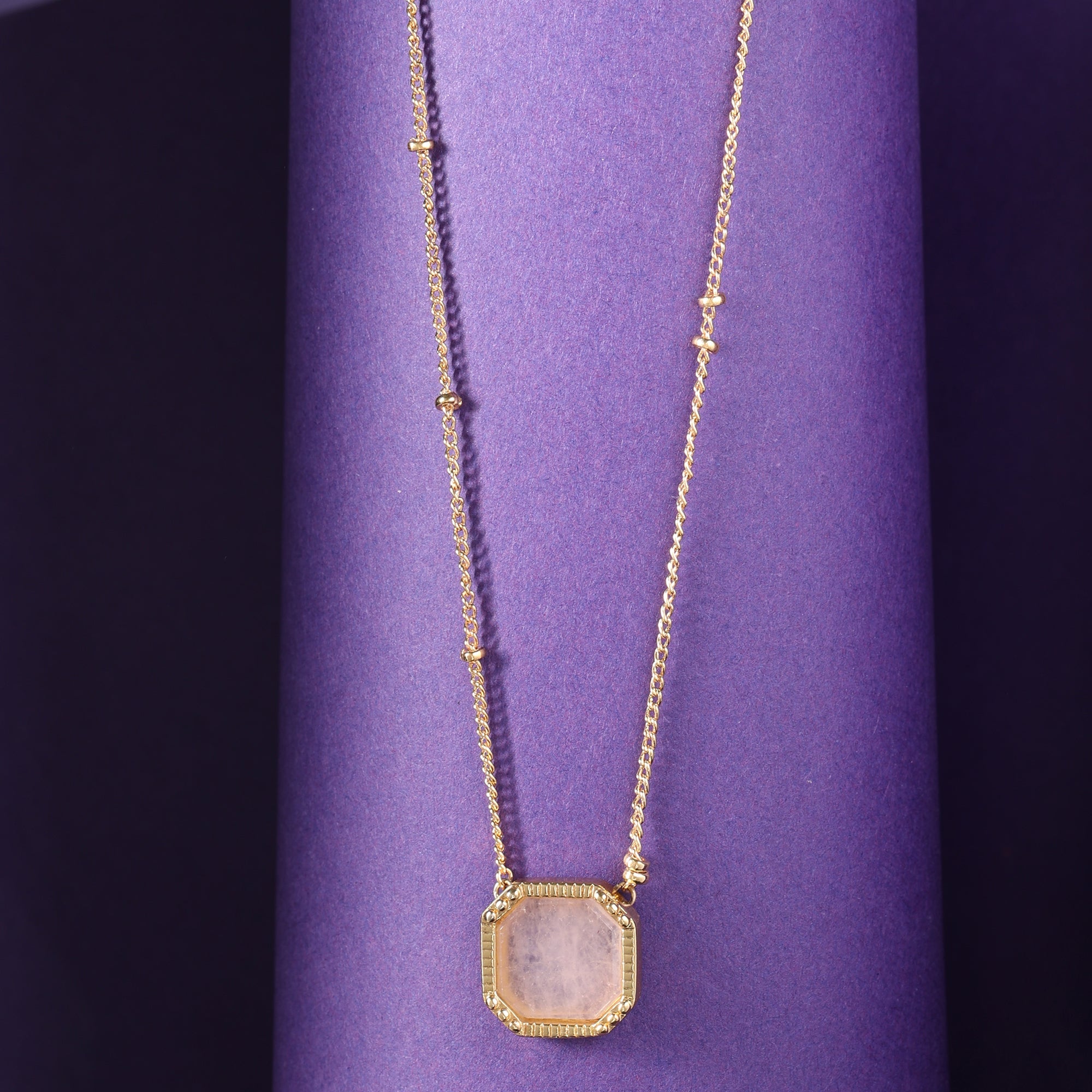 Real Gold Plated Z Stone Square Slice Rose Quartz Pendant Necklace For Women By Accessorize London