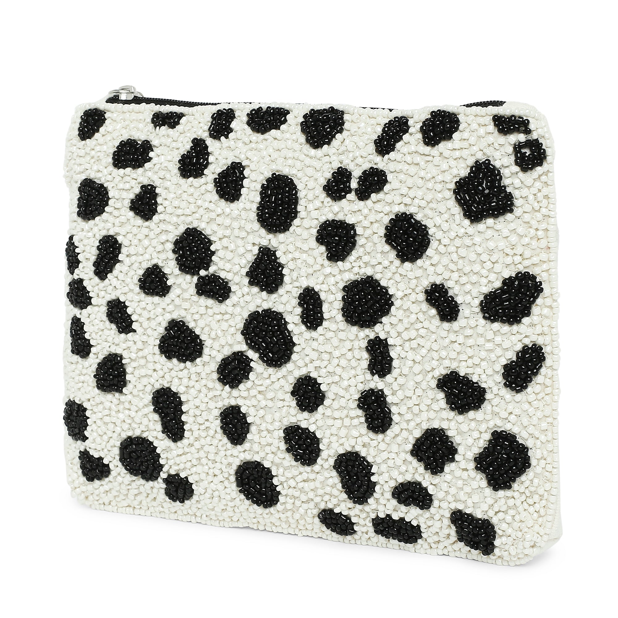 Accessorize London Women's Fabric Black White Dalmatian Beaded Pouch