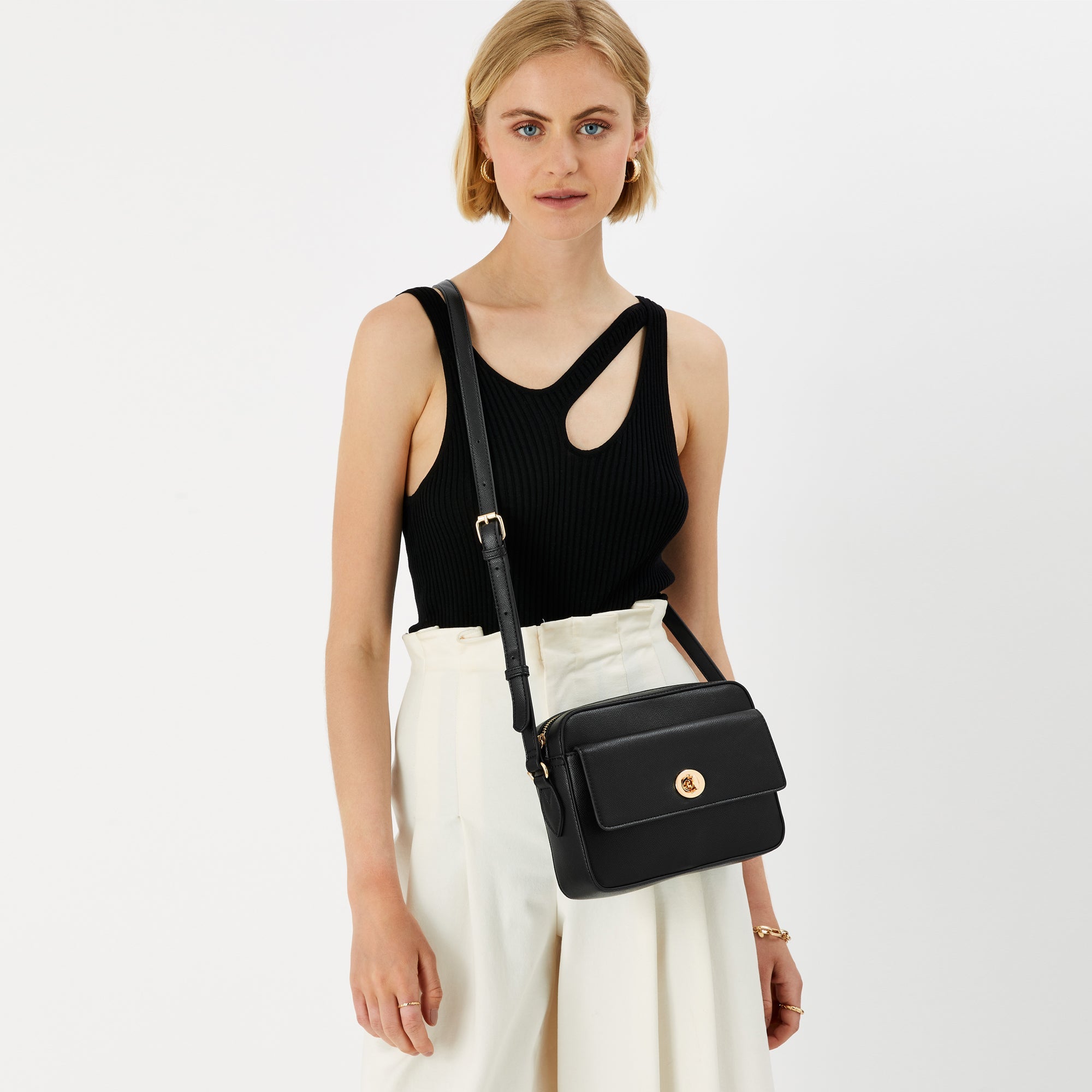 Accessorize London Women's Faux Leather Black Tyler Twistlock Sling Bag