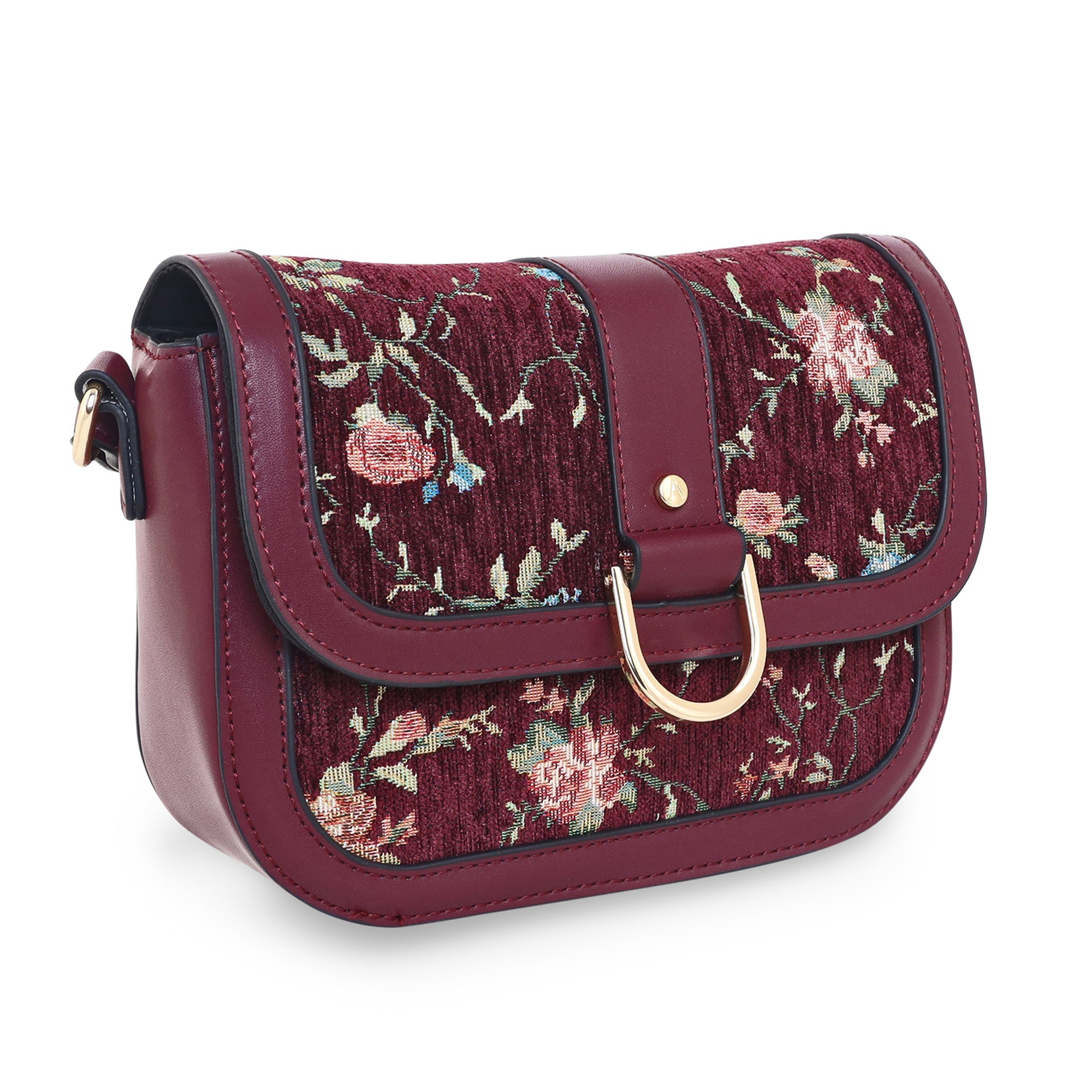Accessorize London Women's Faux Leather Maroon Floral Tapestry Sling Bag