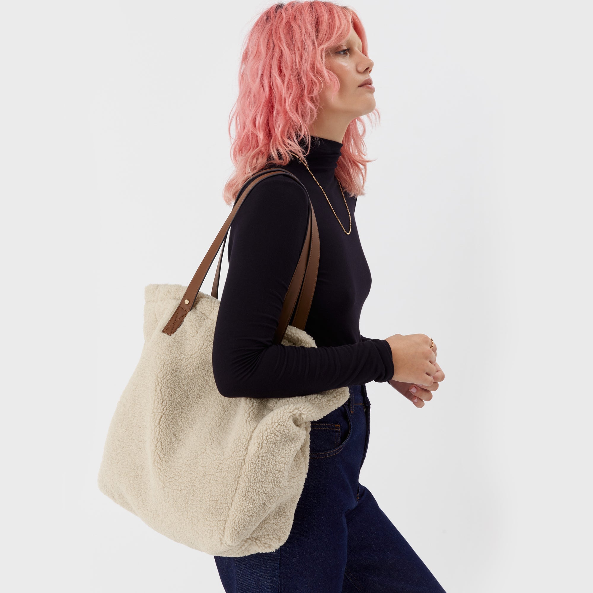 Accessorize London Women's Faux Leather Cream Chloe Faux Shearling Shopper Bag