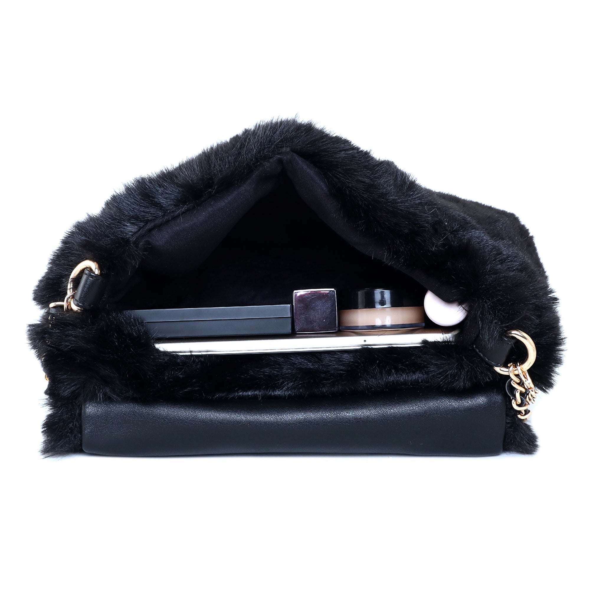 Accessorize London Women's Faux Leather Black Maya Faux Fur Sling Bag