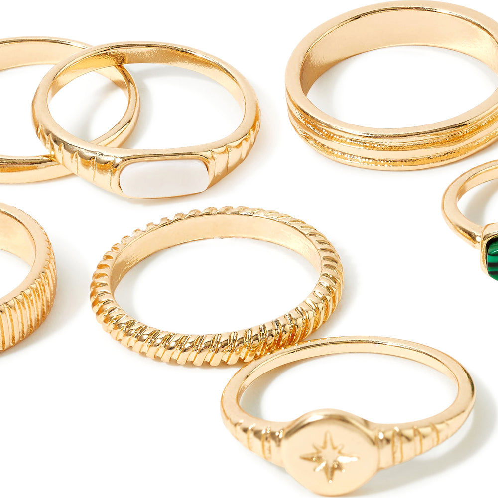 Accessorize London Women's Green Super Classics Set of 8 Mixed Ring Pack-Medium