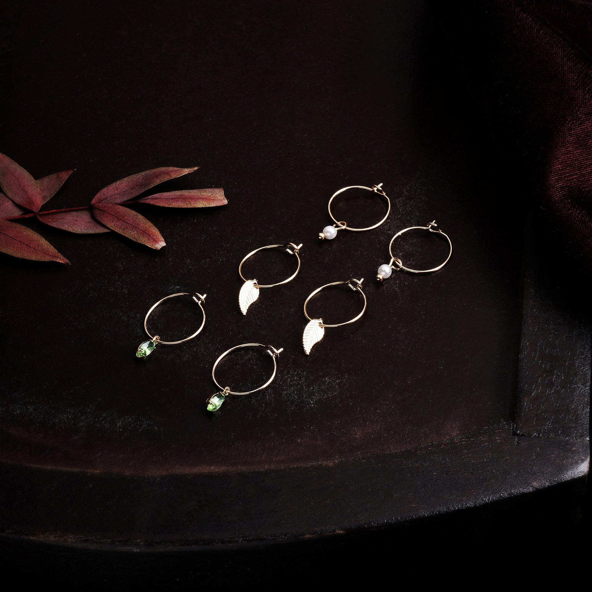 Accessorize London Women's Green Set of 3 Leaf Hoops Earring