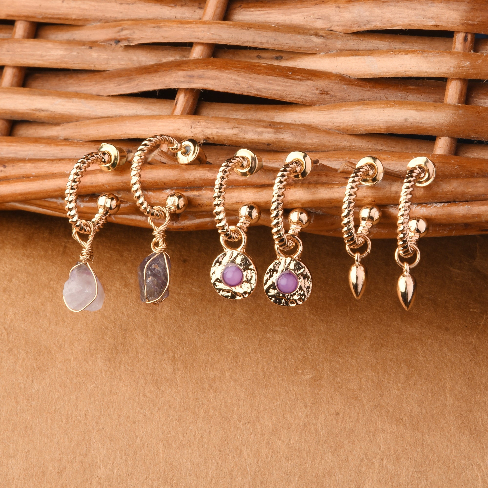 Accessorize London Women's Purple Raw Stones Huggie Hoop Earring Pack