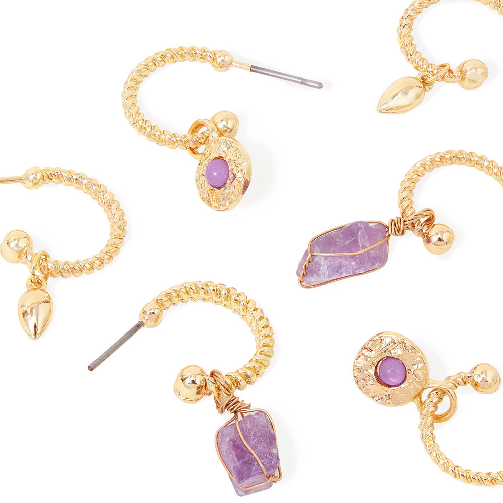 Accessorize London Women's Purple Raw Stones Huggie Hoop Earring Pack