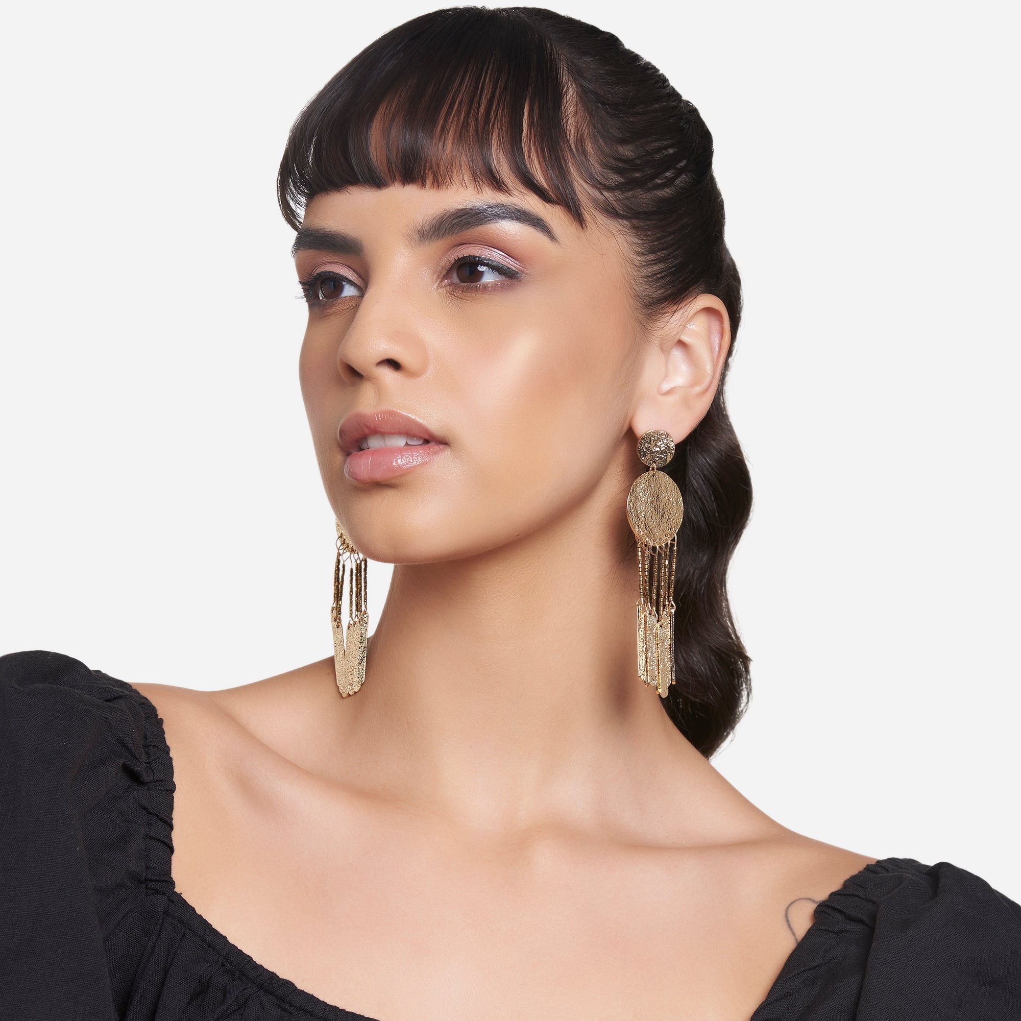 Accessorize London Women's Gold Textured Metal Tassle Statement Earring