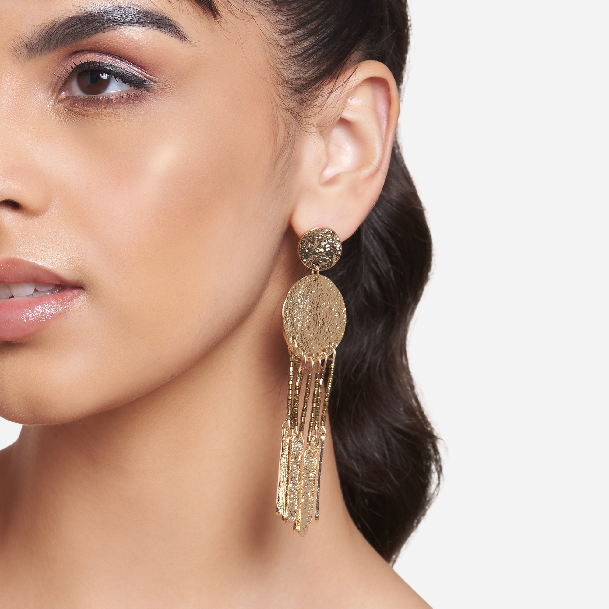 Accessorize London Women's Gold Textured Metal Tassle Statement Earring