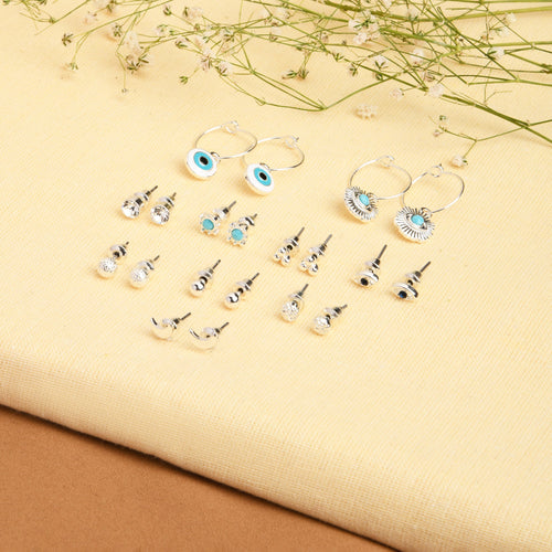 Accessorize London Women's Silver Set Of 10 Stud And Evil Eye Hoop Earring