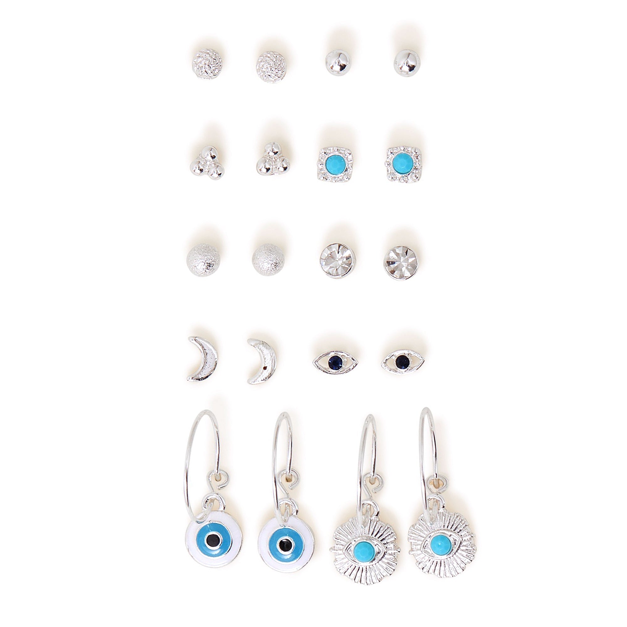 Accessorize London Women's Silver Set Of 10 Stud And Evil Eye Hoop Earring