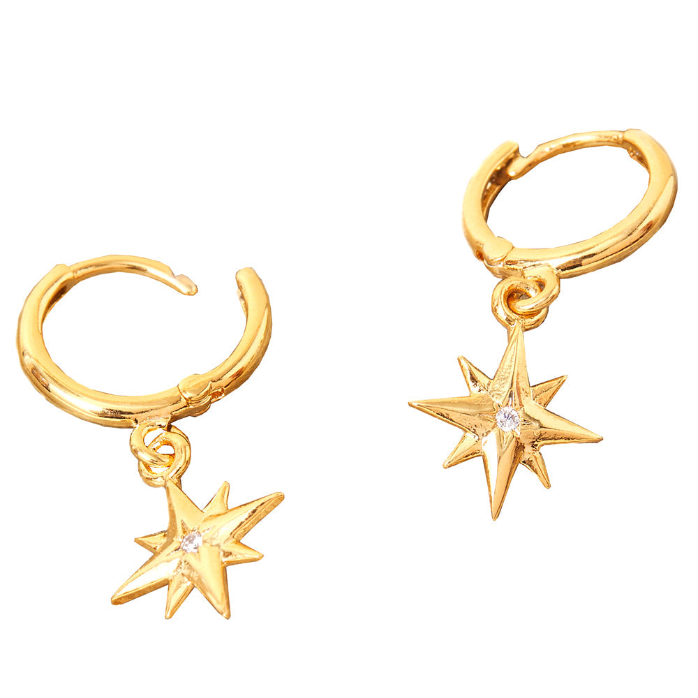 Real Gold Plated Gold Z Star Charm Huggies Hoop Earring