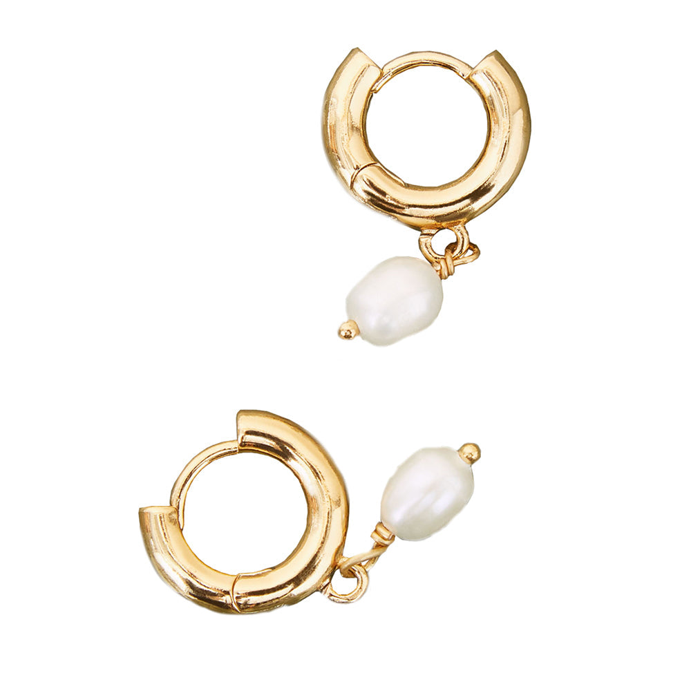 Real Gold Plated Pearl Z Chunky Small Pearl Hoops Earring