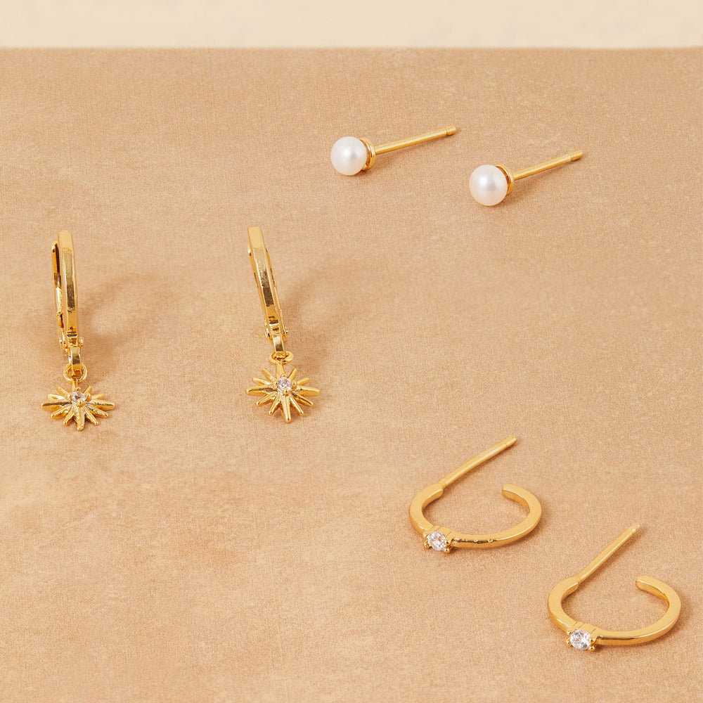 Real Gold Plated Pearl Z 6 Celestial Pearl Hoop And Stud Earring Set